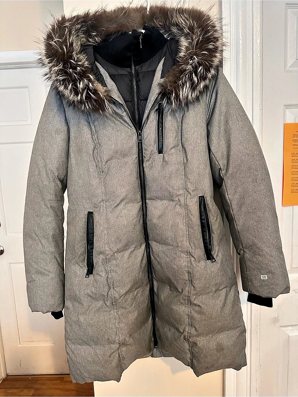 Soia & Kyo Gray Long Puffer Parka Fur Trim Hood Inset Bib Coat Size L